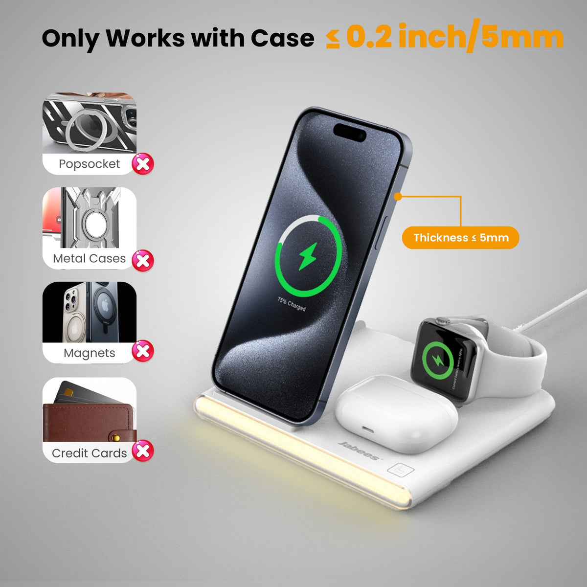 PowerGlow - Jabees PowerGlow 4-In-1 Foldable Wireless Charging Station with LED Night Light