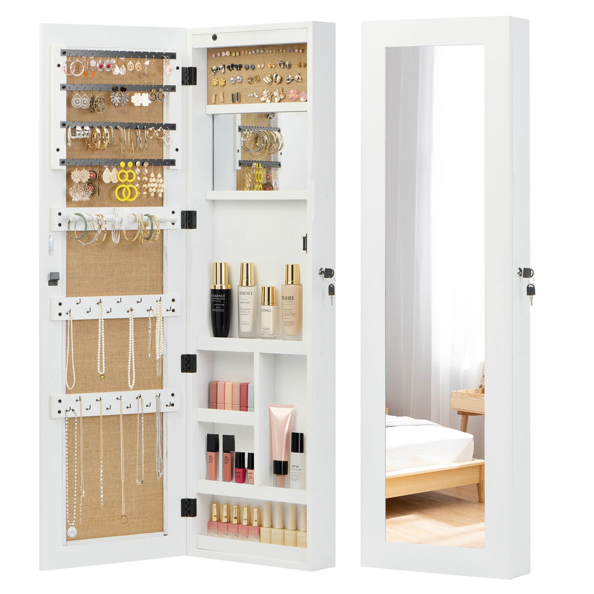 Jewelry Armoire Organizer with Full Length Mirror and LED Light - White, Dark Brown, Light Brown