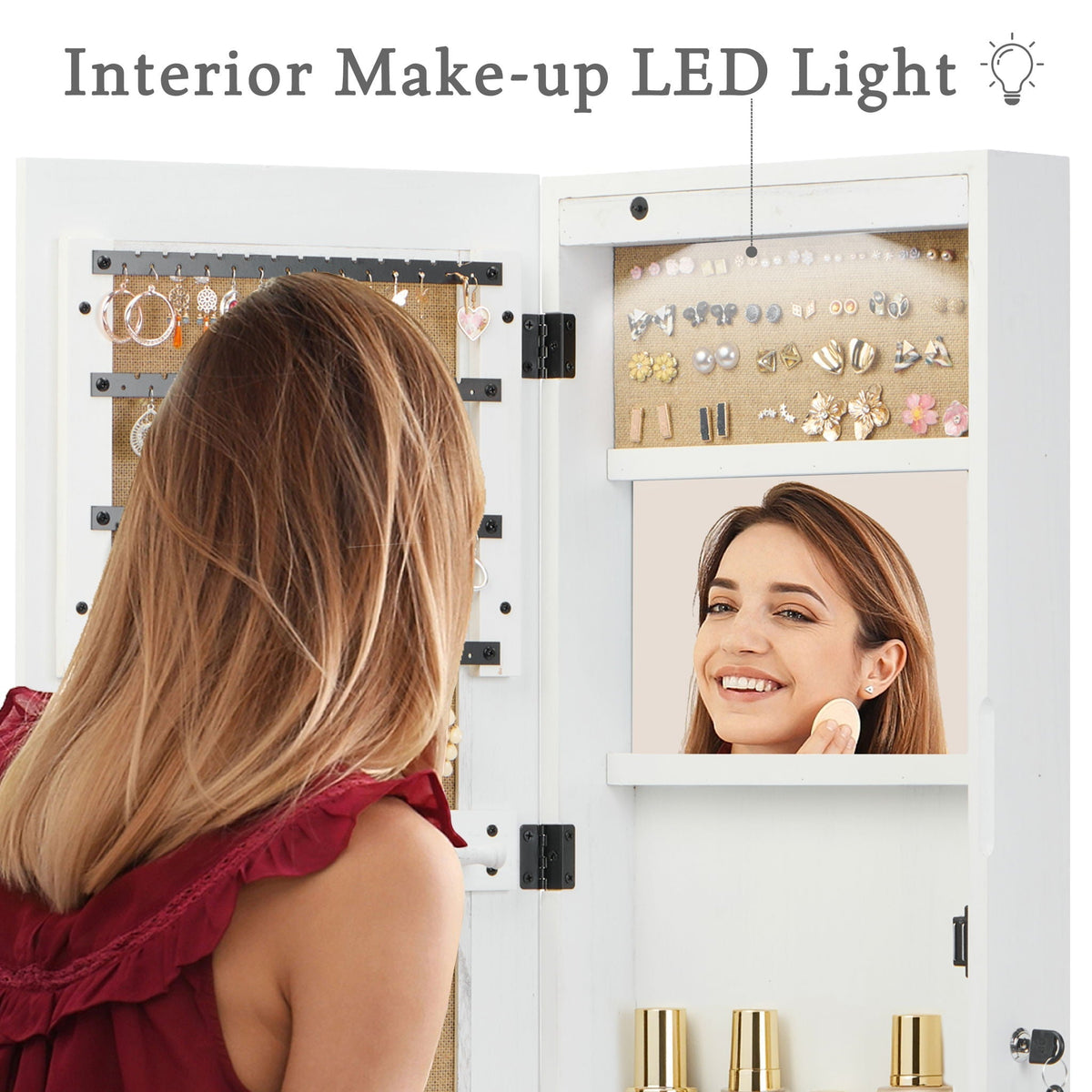 Jewelry Armoire Organizer with Full Length Mirror and LED Light - White, Dark Brown, Light Brown