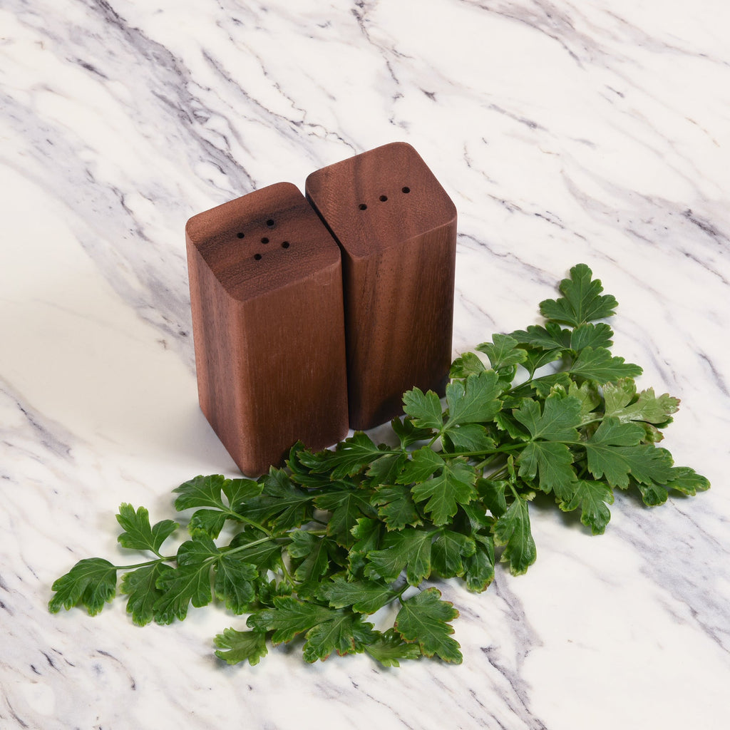 Salt & Pepper Shakers on an Acacia Wood Base