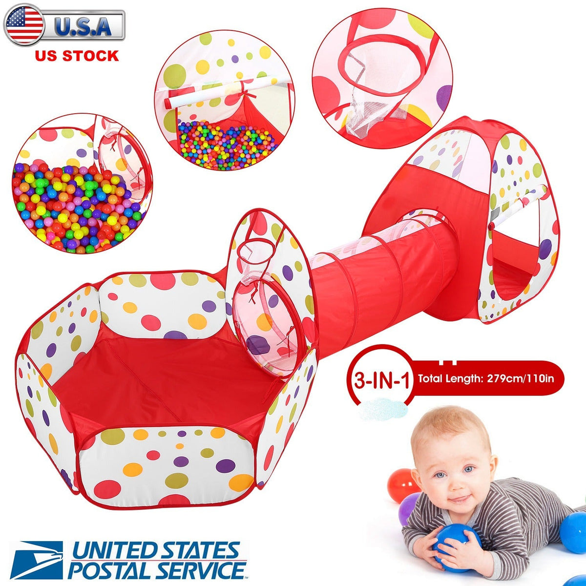 3 In 1 Child Crawl Tunnel Tent Kids Play Tent Ball Pit Set Foldable Children Play House Pop-up Kids Tent w/Storage Bag for Indoor Outdoor Travel Use