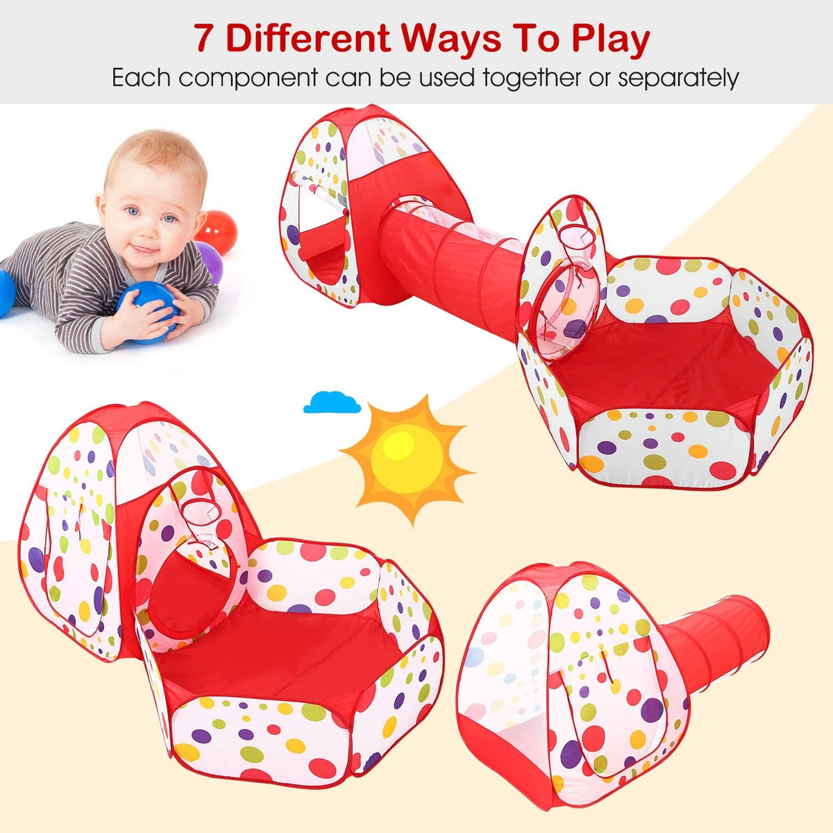 3 In 1 Child Crawl Tunnel Tent Kids Play Tent Ball Pit Set Foldable Children Play House Pop-up Kids Tent w/Storage Bag for Indoor Outdoor Travel Use