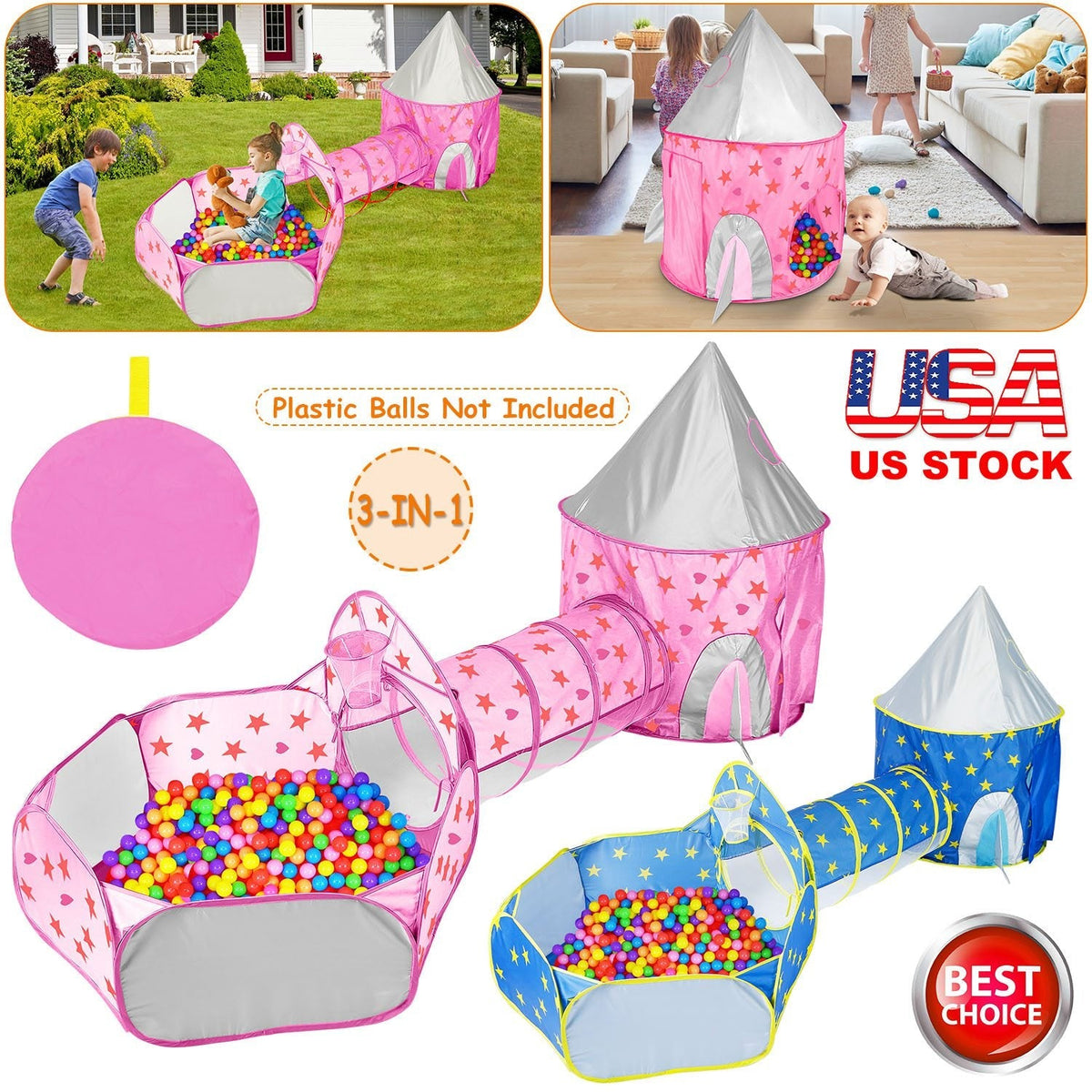 3 In 1 Child Crawl Tunnel Tent Kids Play Tent Ball Pit Set Foldable Children Play House Pop-up Kids Tent w/Storage Bag For Indoor Outdoor Travel Use