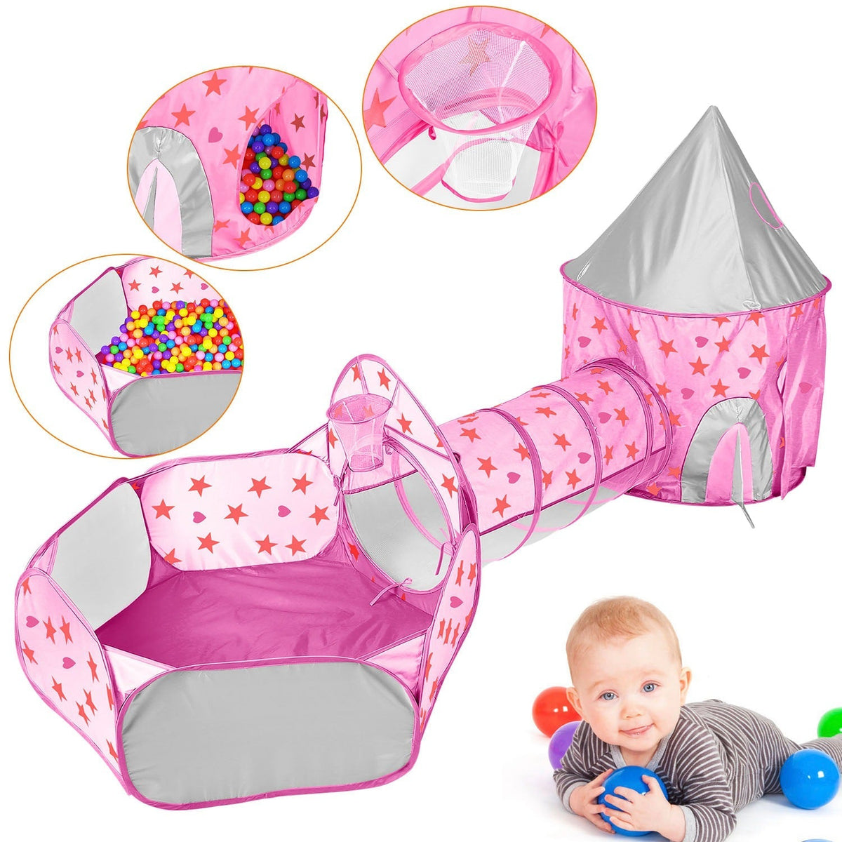 3 In 1 Child Crawl Tunnel Tent Kids Play Tent Ball Pit Set Foldable Children Play House Pop-up Kids Tent w/Storage Bag For Indoor Outdoor Travel Use