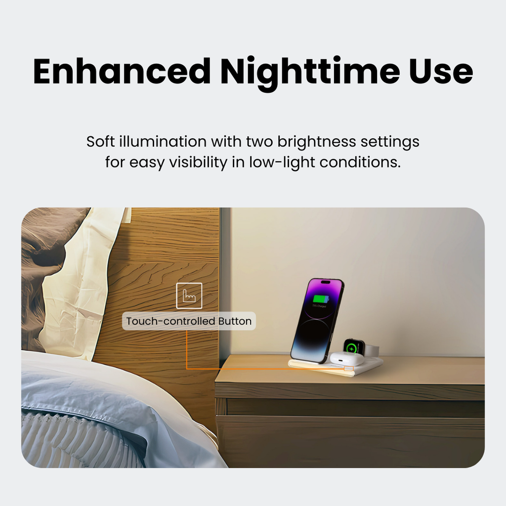 PowerGlow - Jabees PowerGlow 4-In-1 Foldable Wireless Charging Station with LED Night Light