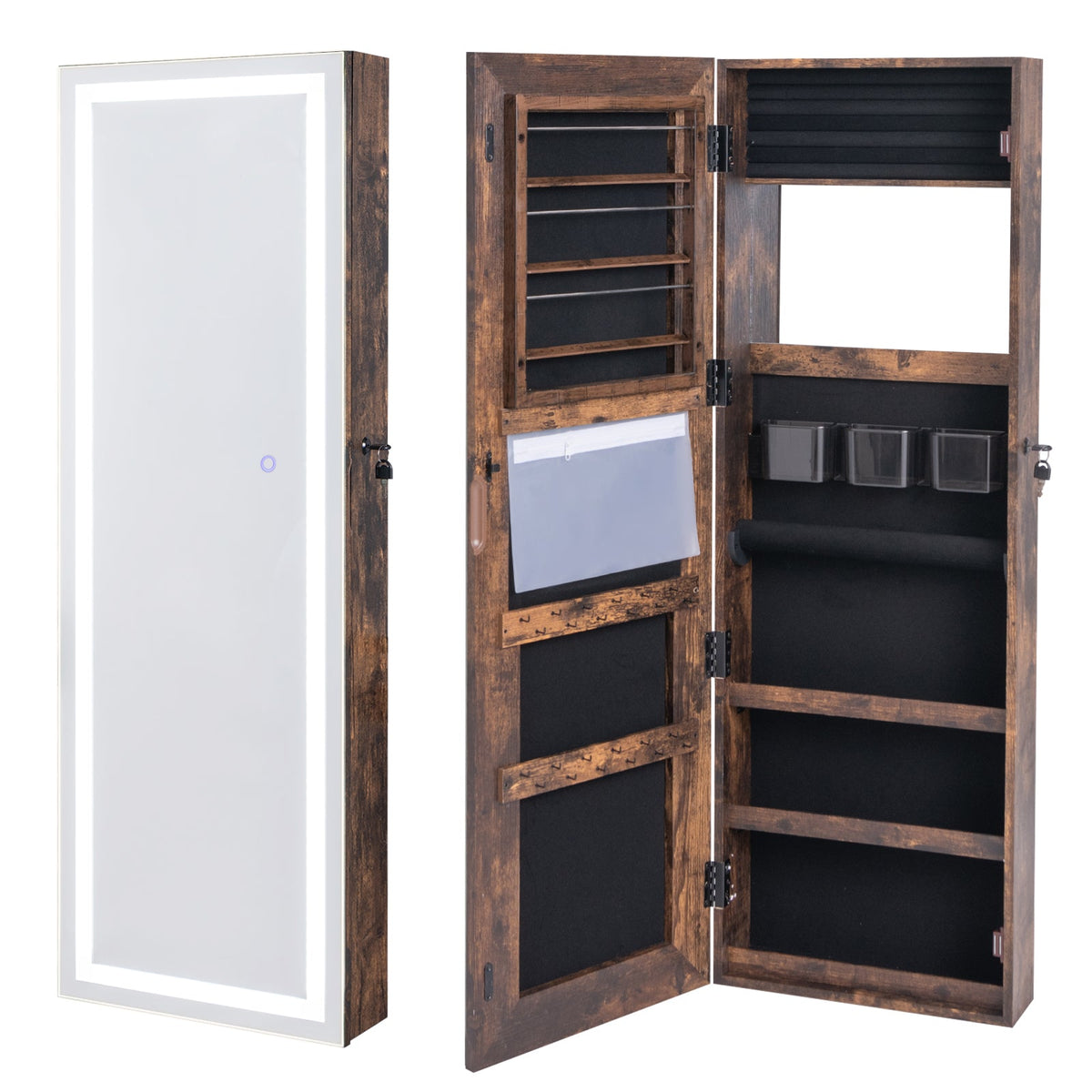 Mirrored Jewelry Armoire with Full Length Mirror and 2 Internal LED Lights