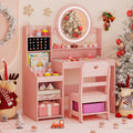 Kids Vanity Desk with Mirror and Lights Princess Pretend Play Dressing Table and Chair Set
