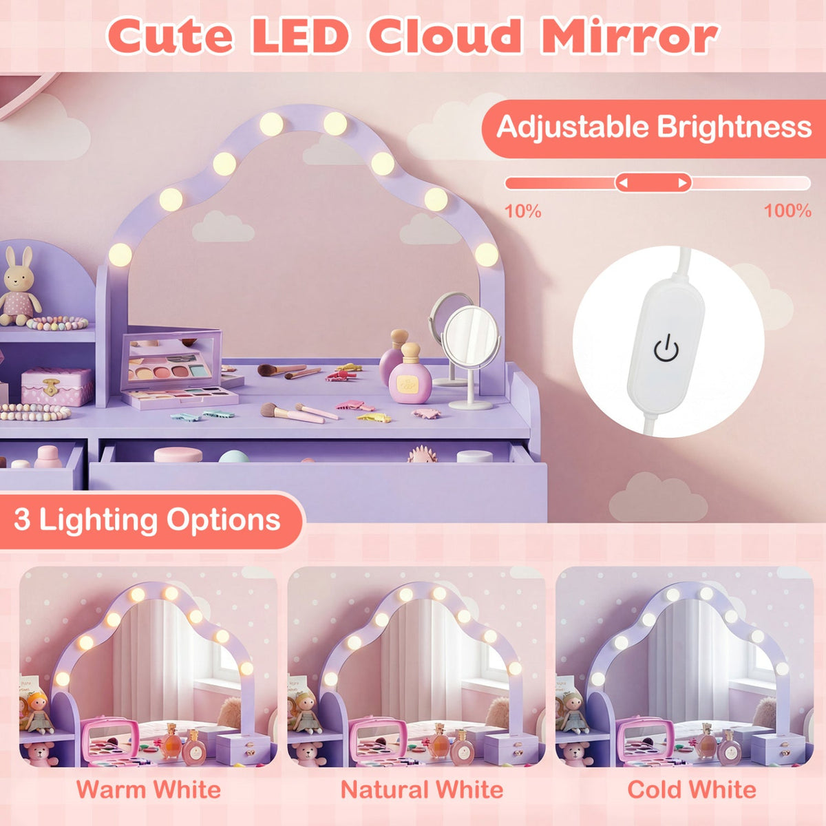 Kids Vanity Desk with Mirror and Lights Princess Pretend Play Dressing Table-Purple