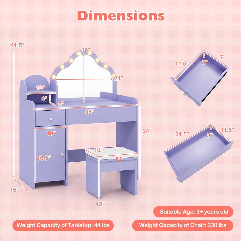 Kids Vanity Desk with Mirror and Lights Princess Pretend Play Dressing Table-Purple