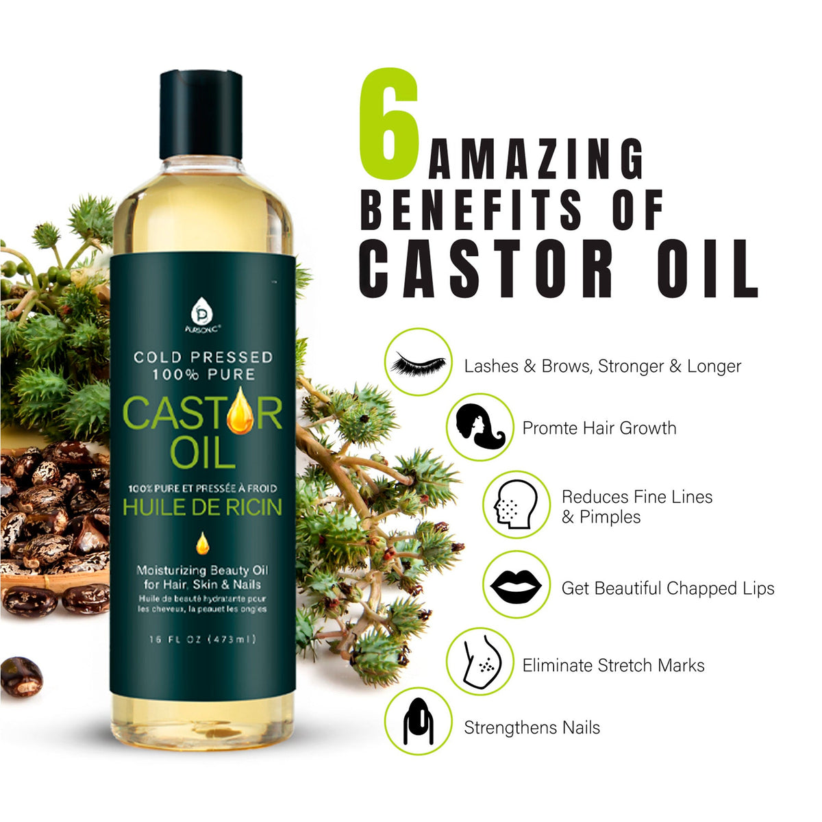 100% Pure Cold Pressed Castor Oil 16 Oz