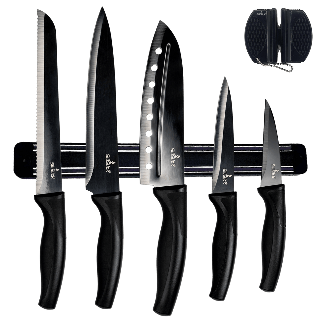 Kitchen Knife Set Kit | Black Magnetic Rack & Sharpener