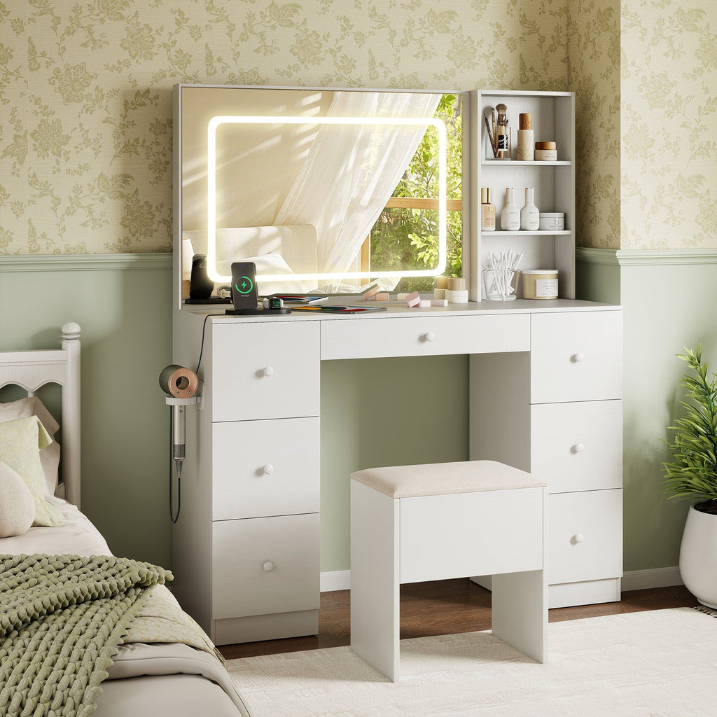 Vanity Desk with Mirror and Lights Makeup Dressing Table Vanity Table and Stool Set-White