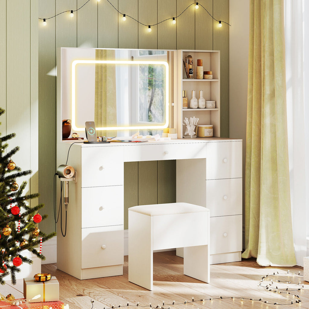 Vanity Desk with Mirror and Lights Makeup Dressing Table Vanity Table and Stool Set-White