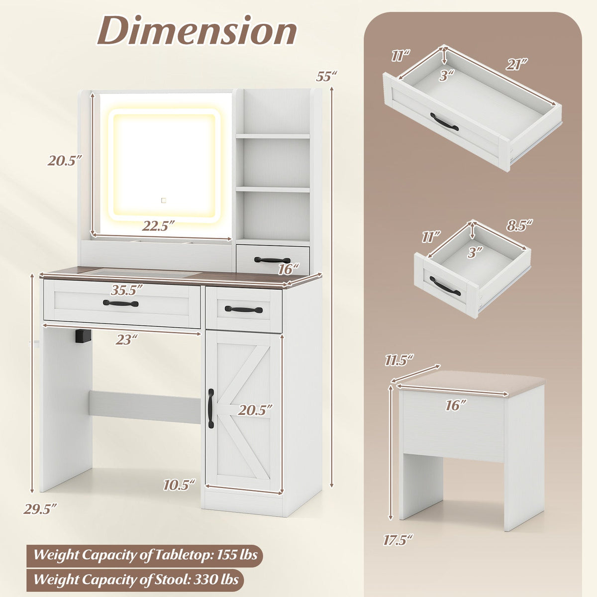 Vanity Desk with Mirror and Lights Farmhouse Makeup Dressing Table-White