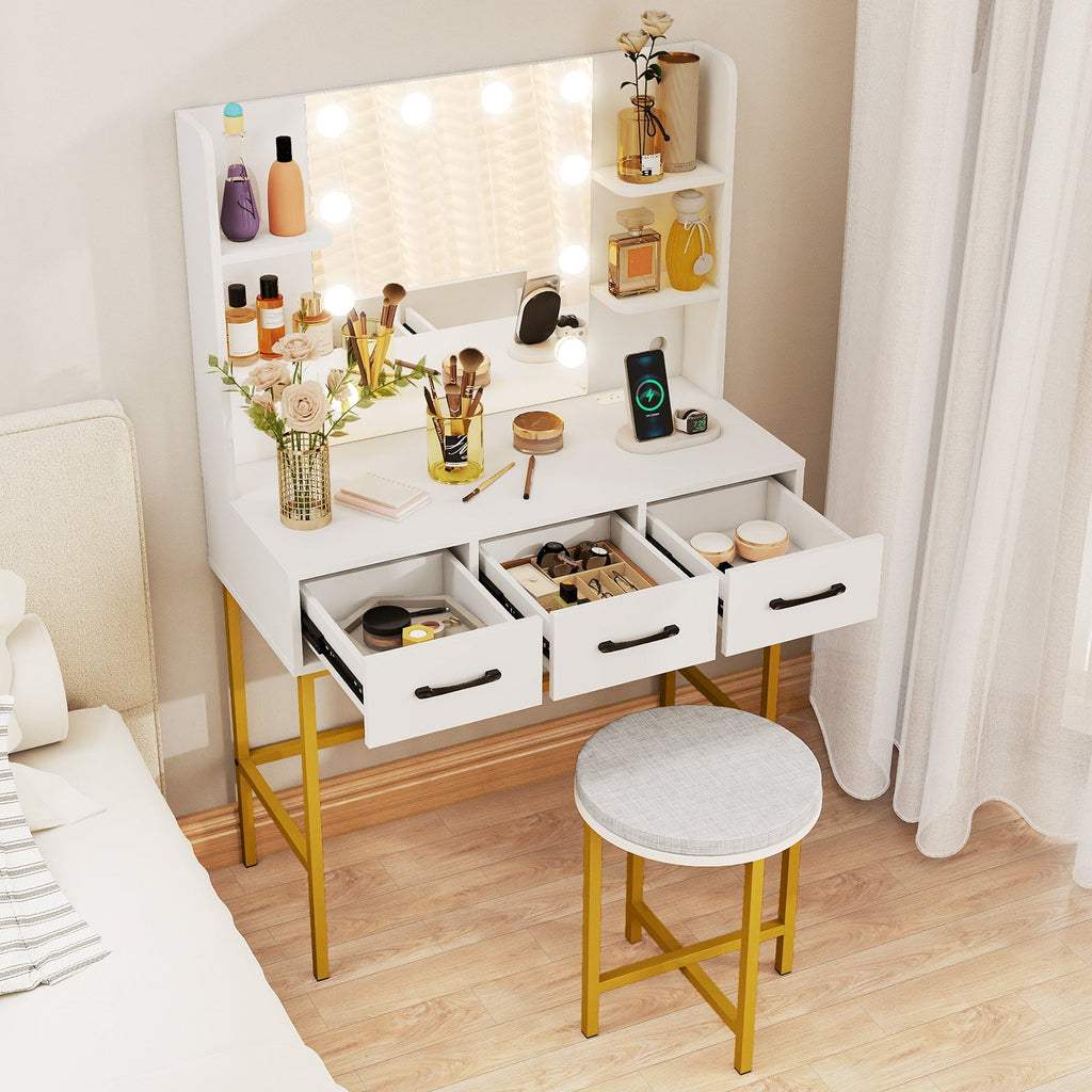 Vanity Desk with Mirror and Lights Makeup Dressing Table and Cushioned Stool Set-White