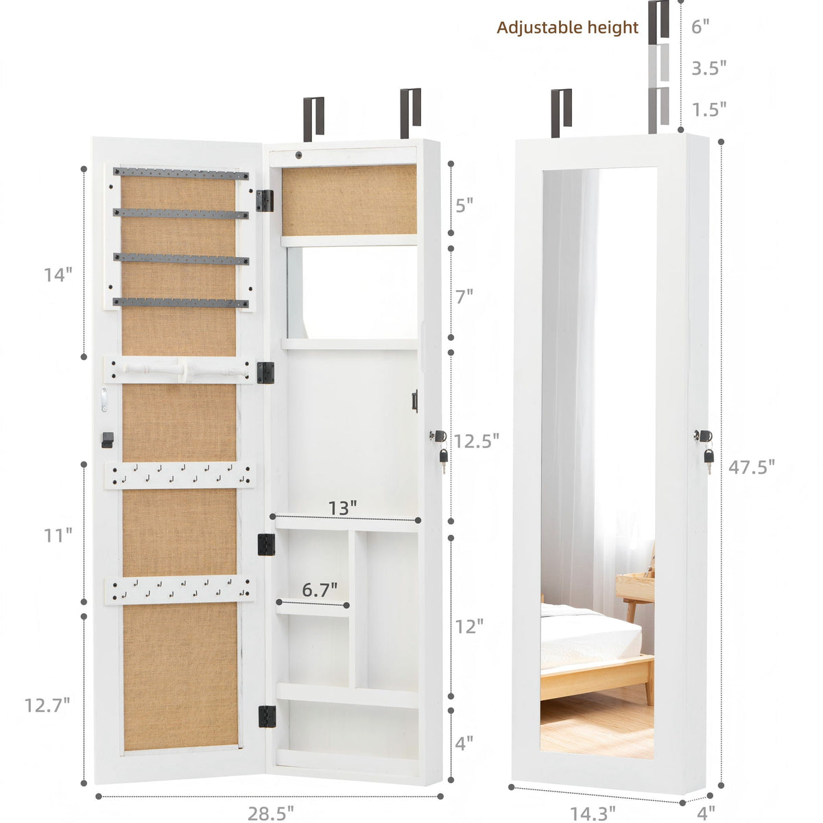 Jewelry Armoire Organizer with Full Length Mirror and LED Light - White, Dark Brown, Light Brown