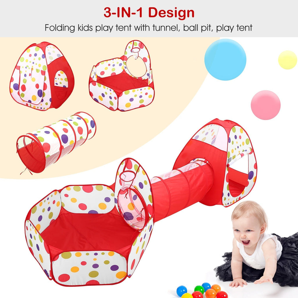 3 In 1 Child Crawl Tunnel Tent Kids Play Tent Ball Pit Set Foldable Children Play House Pop-up Kids Tent w/Storage Bag for Indoor Outdoor Travel Use