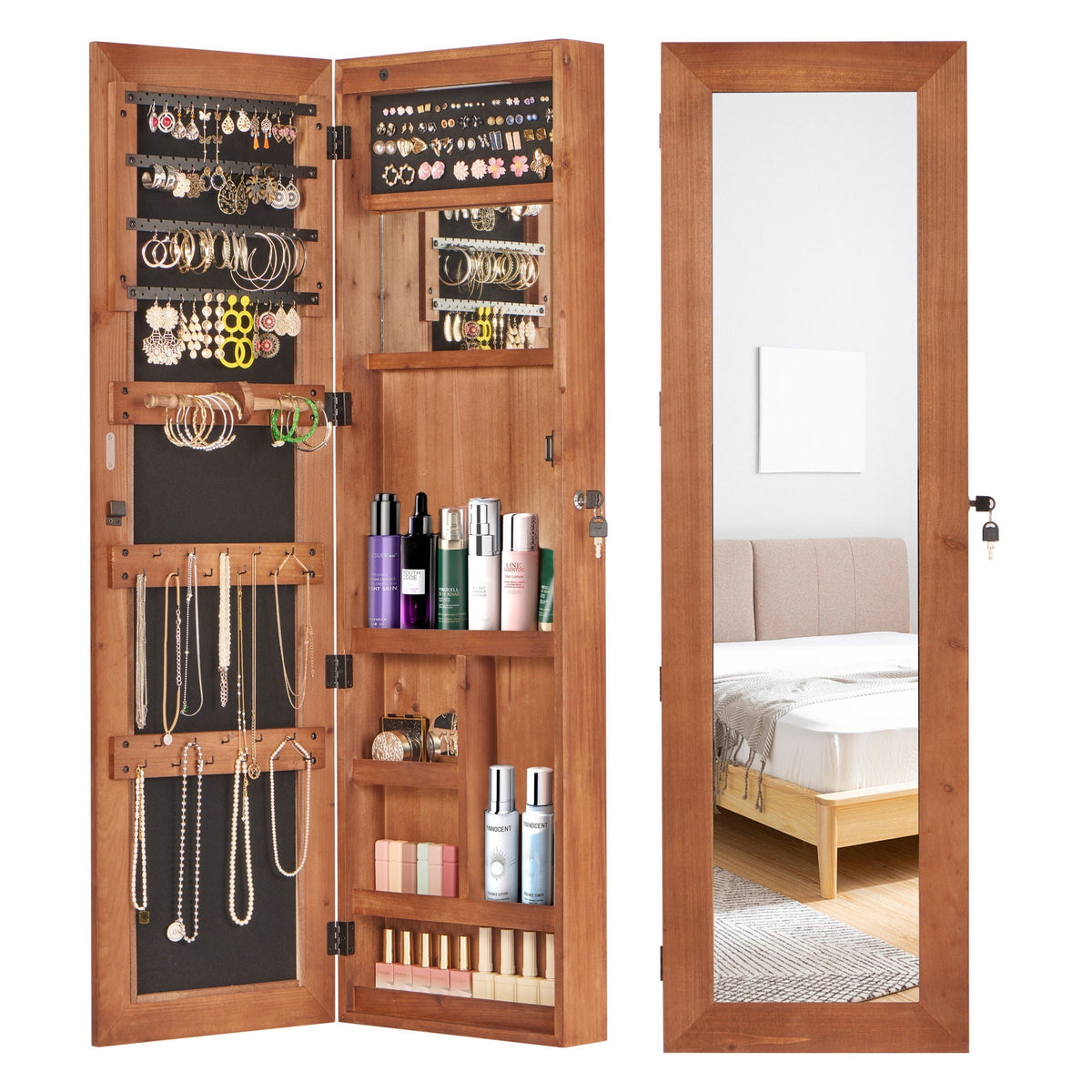 Jewelry Armoire Organizer with Full Length Mirror and LED Light - White, Dark Brown, Light Brown